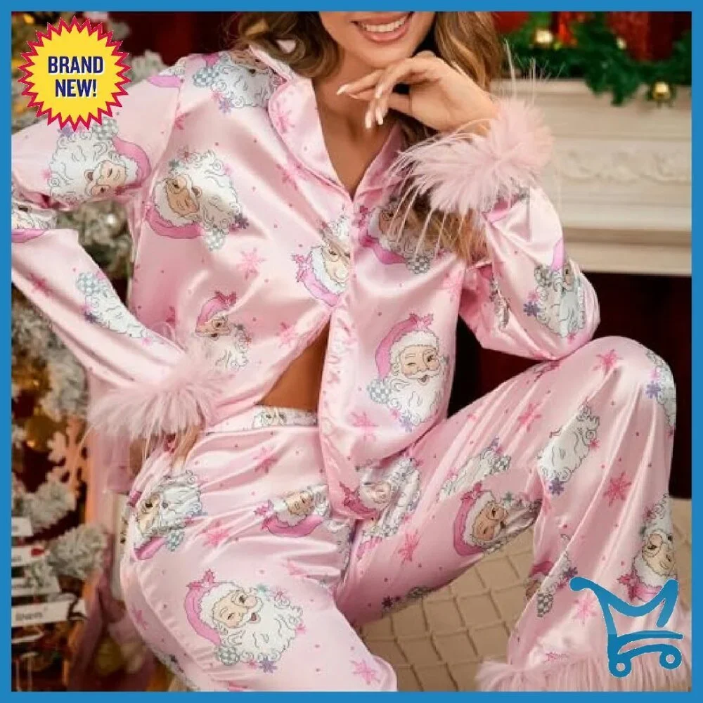Women's Satin Pajama Set with Feather Trim Long Sleeve Button Top Pants